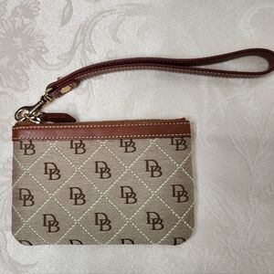 Dooney & Bourke Brown Canvas Monogram Wristlet Leather Strap with Gold Accents